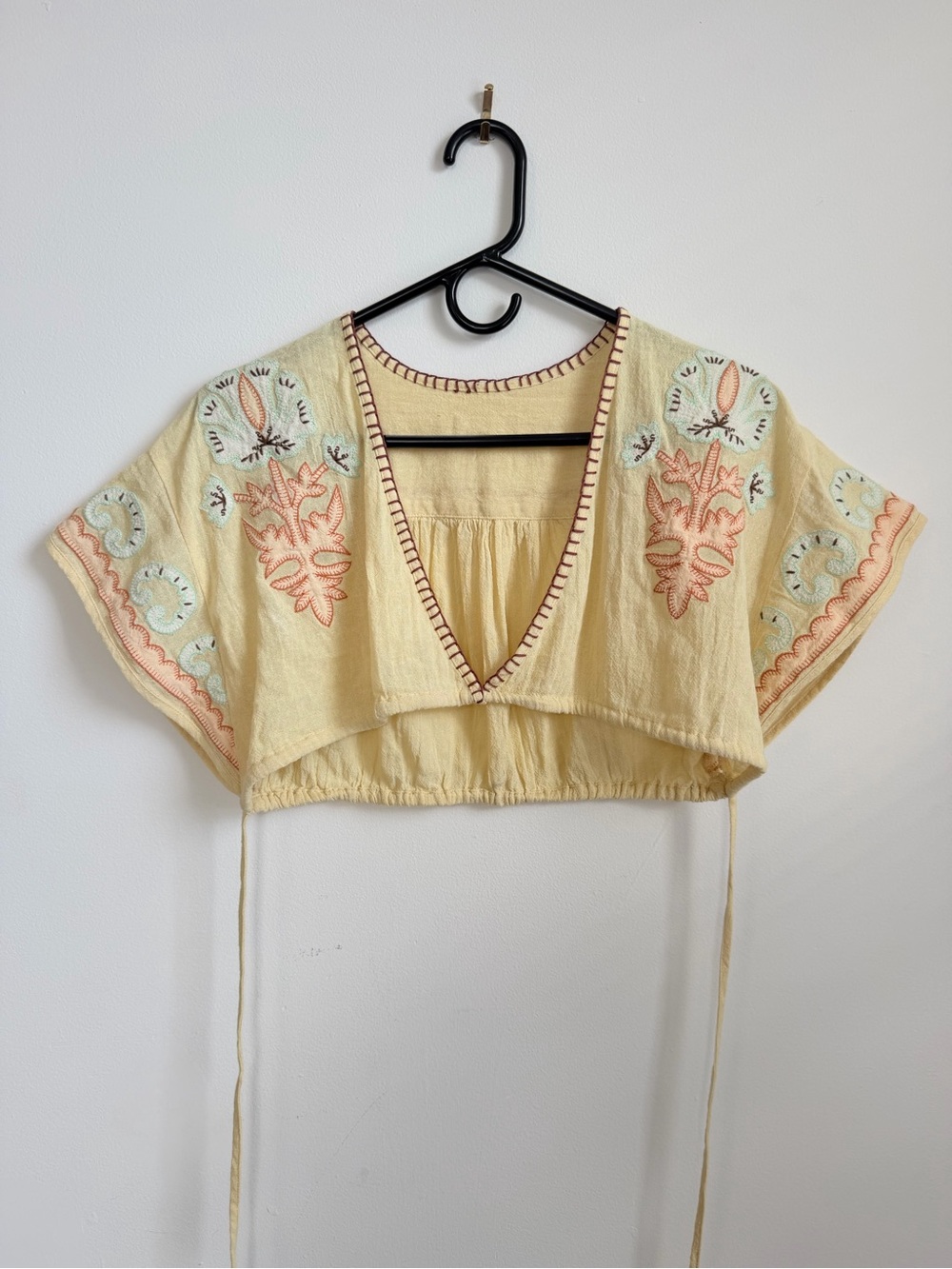 Embroidered Yellow Crop Top with Tie